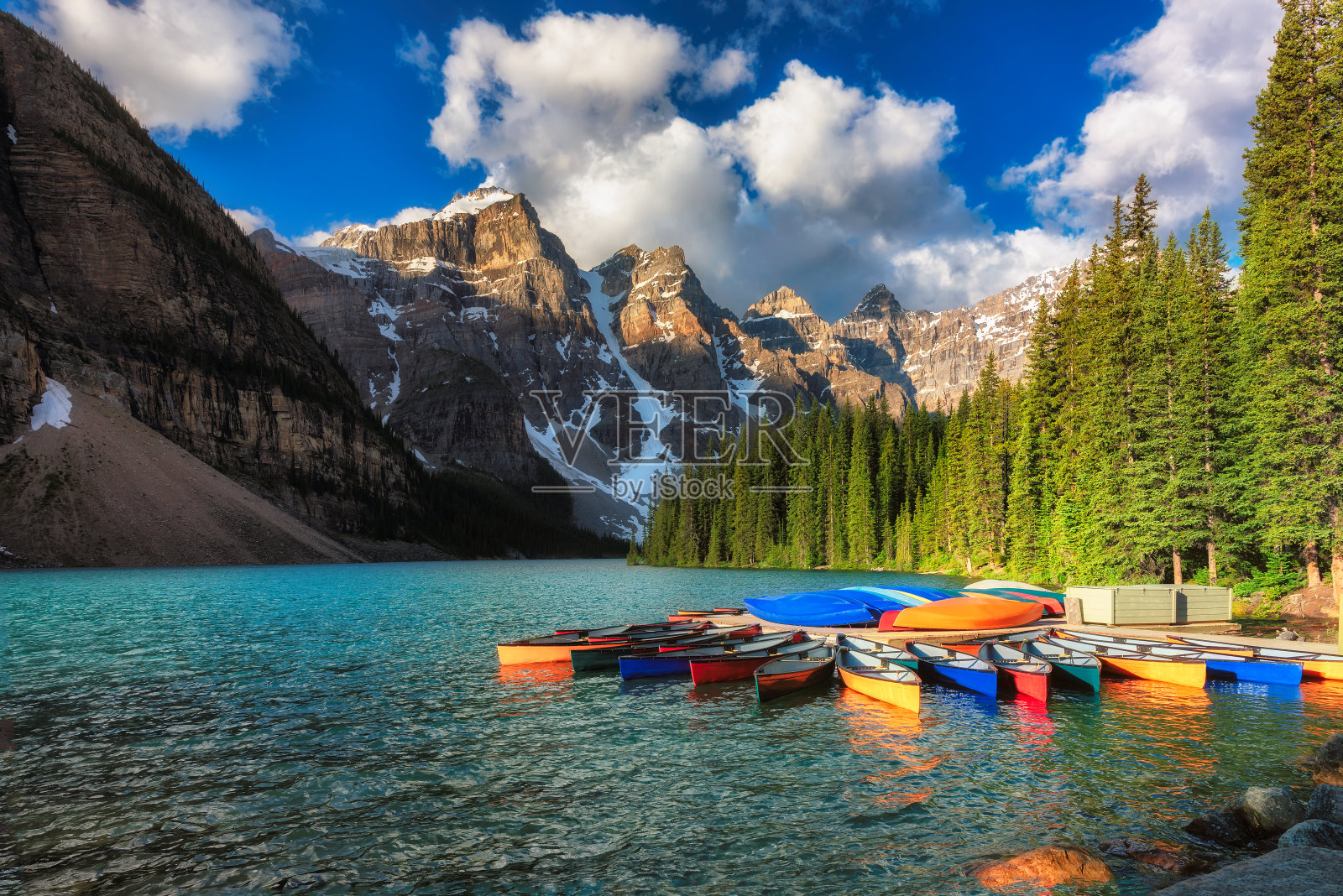 加拿大班夫国家公园冰碛湖上的独木舟照片摄影图片
