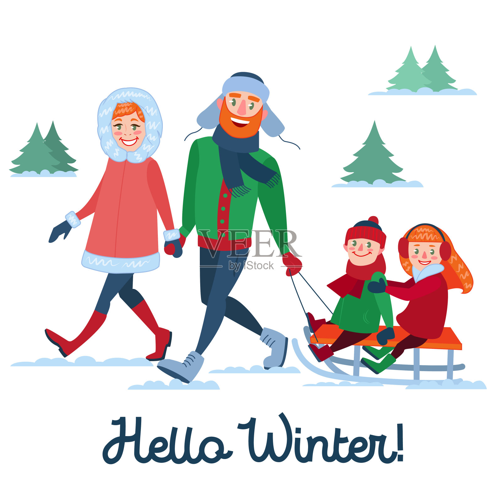 家人寒假。带孩子玩雪橇的父母插画图片素材