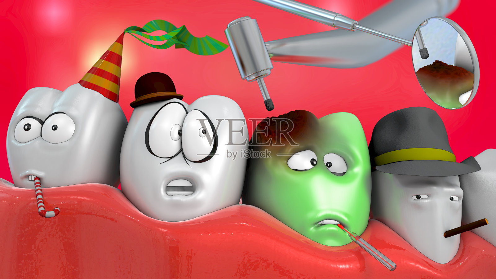 3d插图的漫画牙齿与牙医钻和镜子照片摄影图片