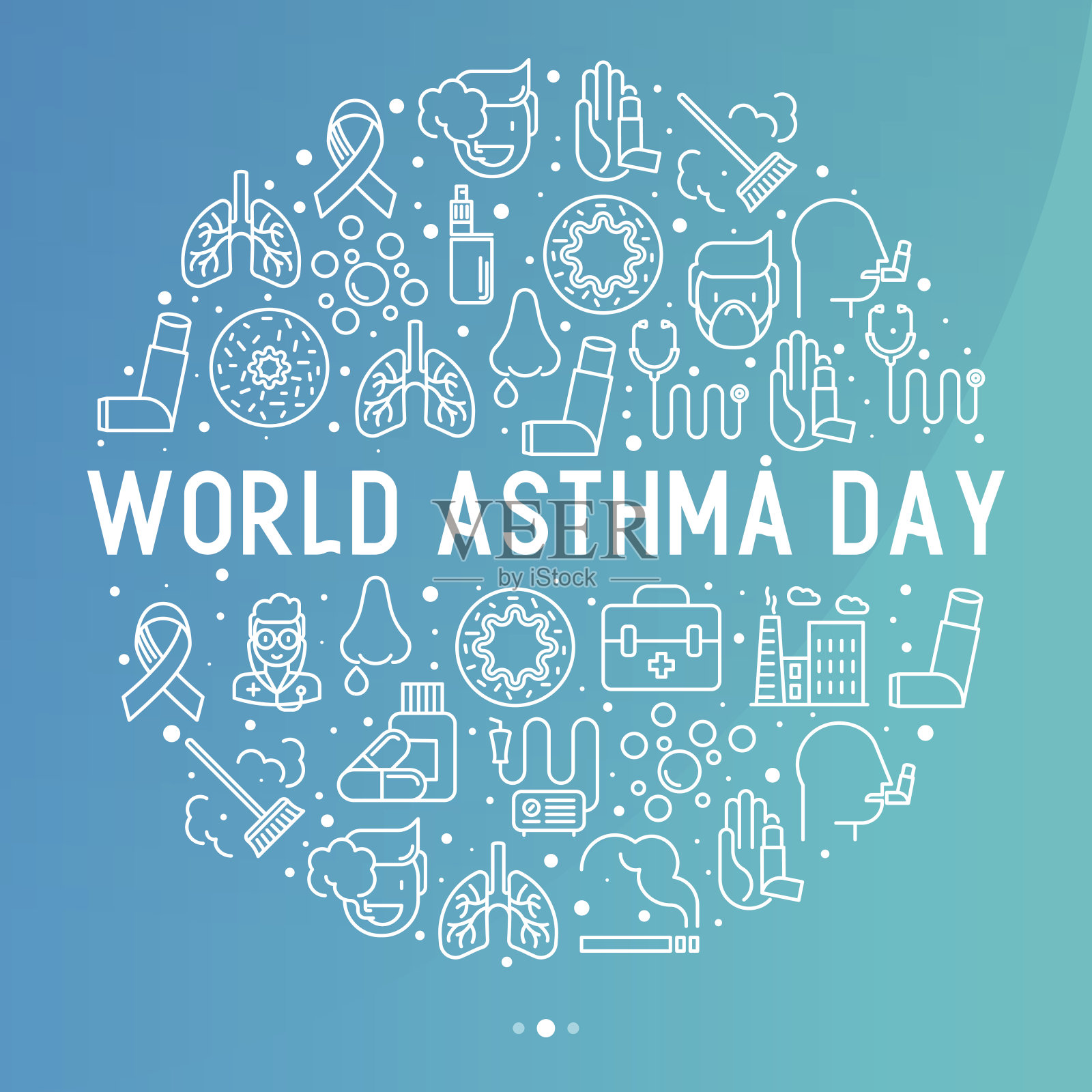 世界哮喘日概念圈，细线图标:空气污染，吸烟，呼吸器，治疗师，吸入器，支气管，过敏症状和过敏原。矢量插图的旗帜，网页。插画图片素材
