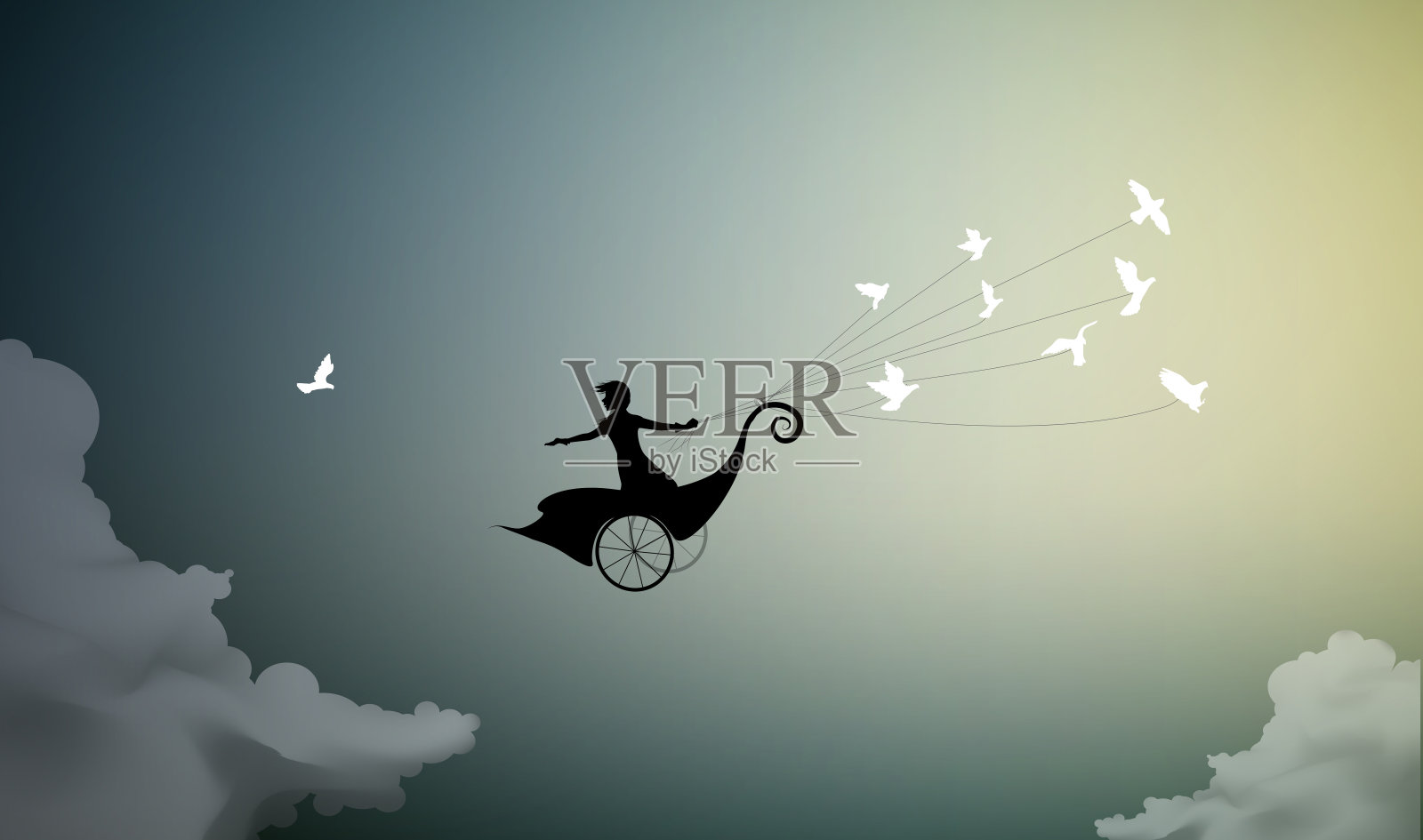 女孩乘着仙女的马车，牵着一群鸽子，飞向太阳，插画图片素材