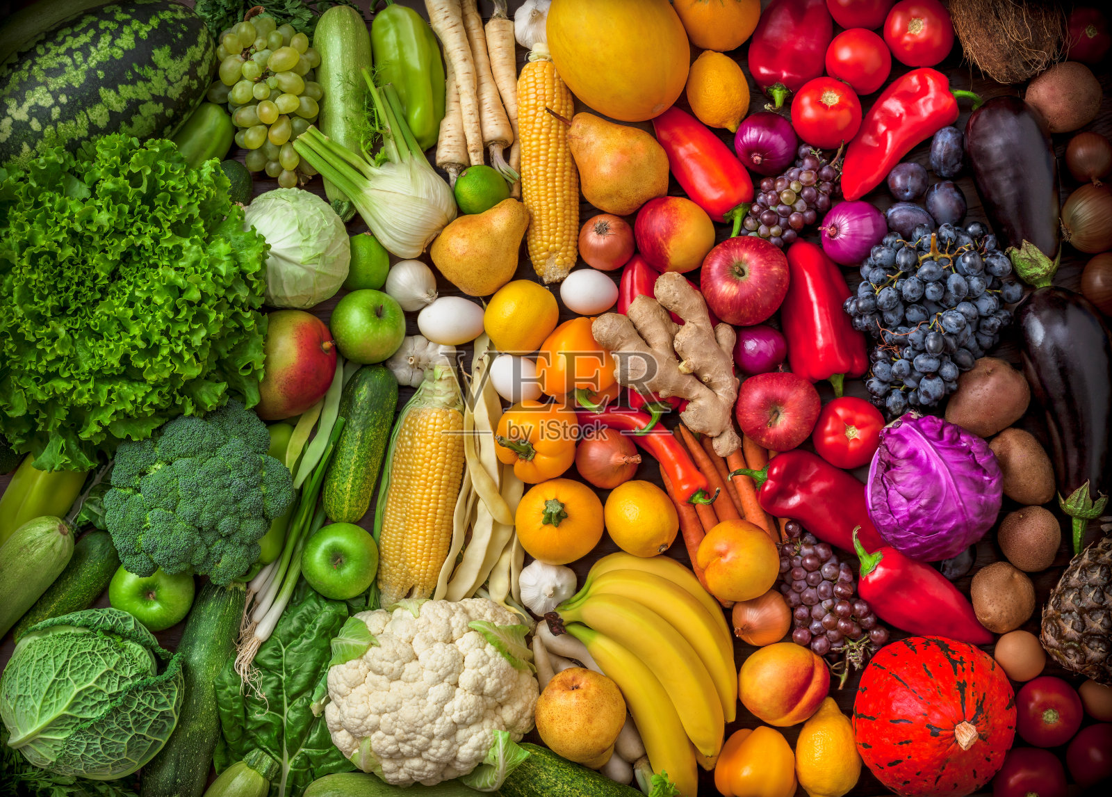 水果和蔬菜大头顶五颜六色混合绿色到红色照片摄影图片