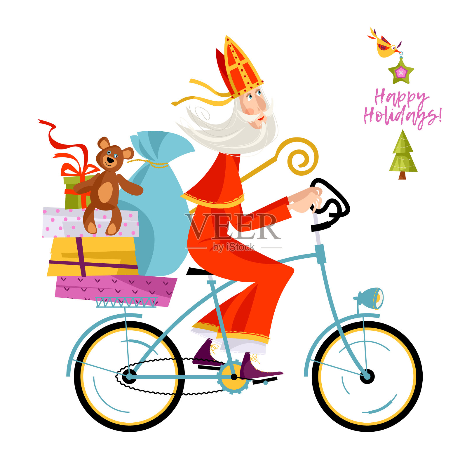 圣诞老人骑着自行车带着礼物。圣诞节在荷兰。插画图片素材