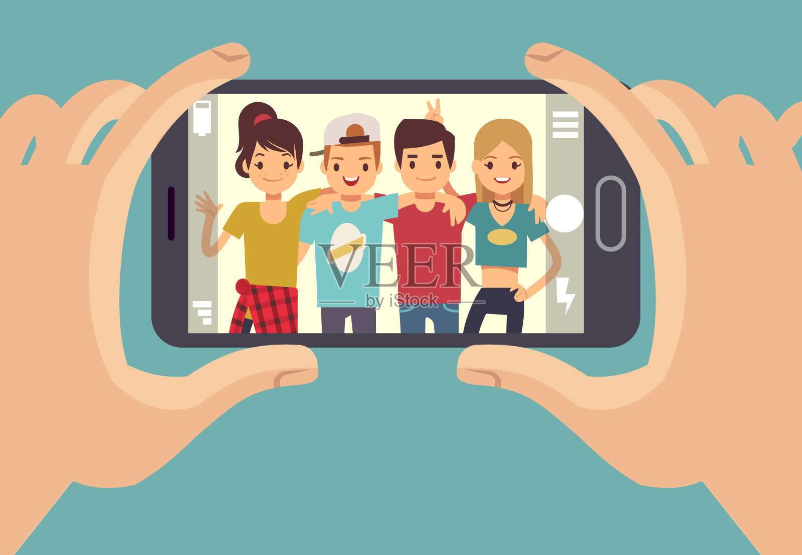 年轻的朋友青少年用智能手机拍照。友谊向量的概念插画图片素材