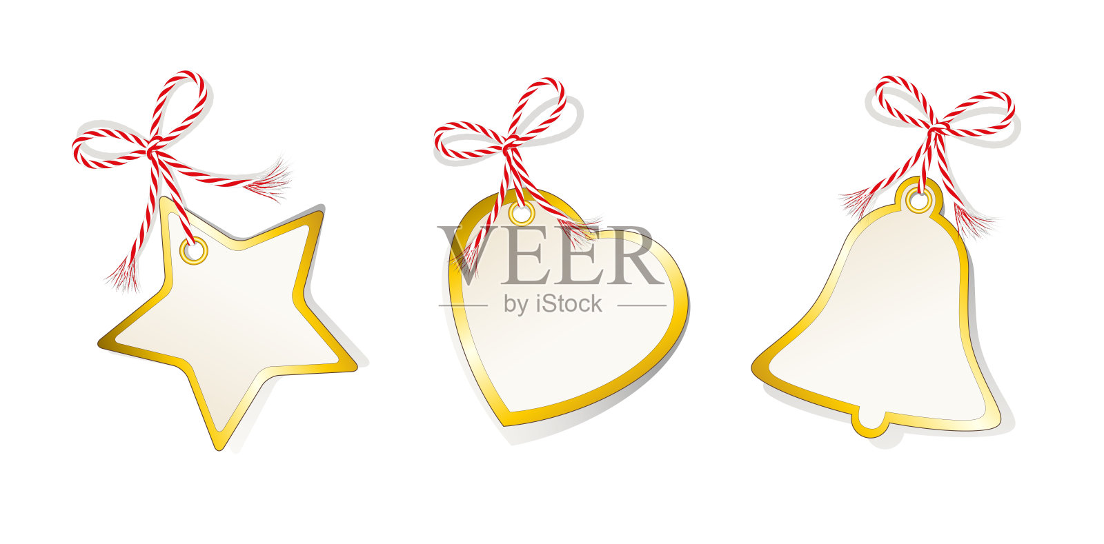 圣诞标签套装，星星，心形，铃铛，圣诞礼仪集，礼仪和礼品集与黄金边和绳带，插画图片素材