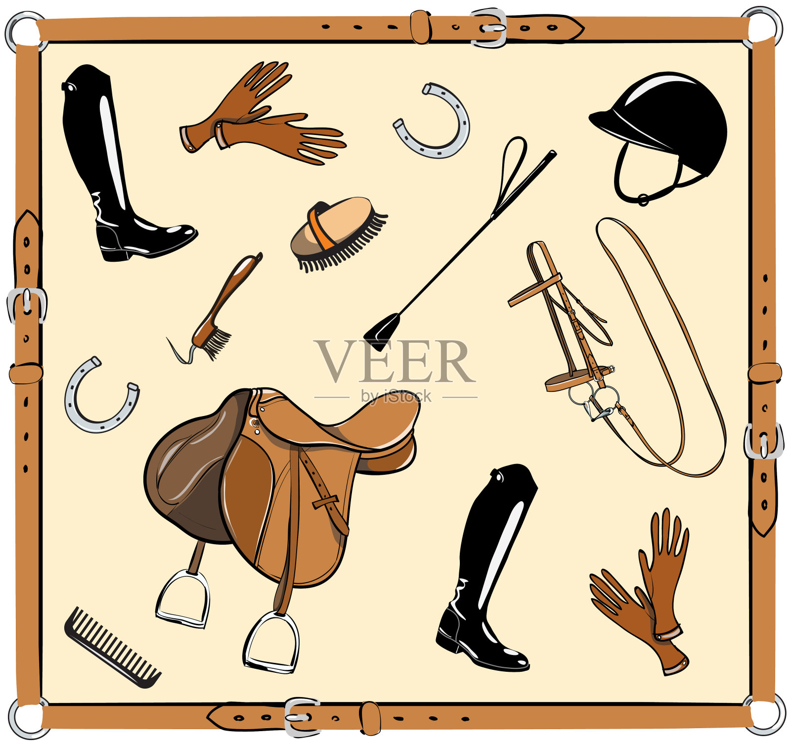 皮带框架中的马具。矢量缰绳，马鞍，鞭子，马蹄铁，靴子，手套，头盔，马靴。插画图片素材