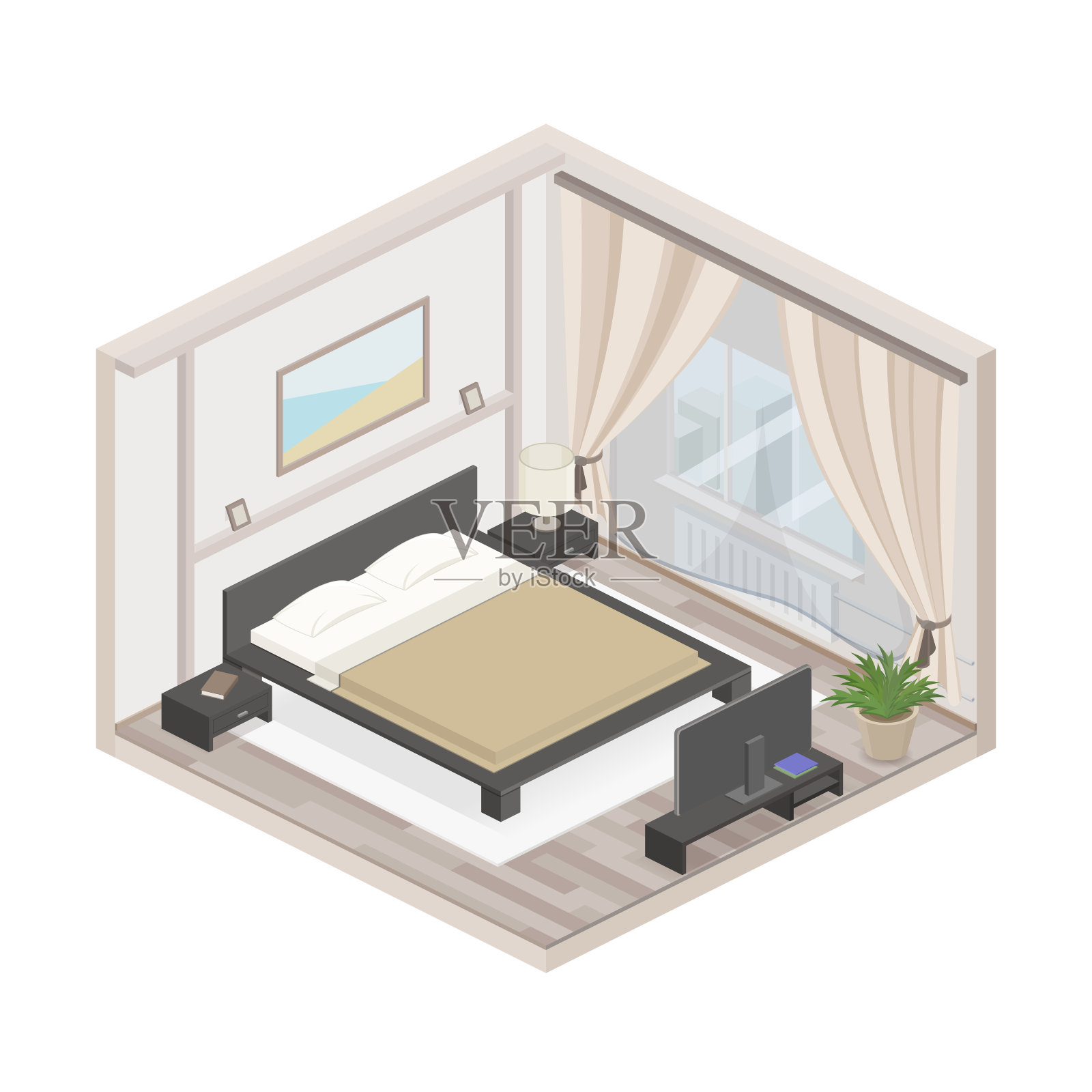 公寓图标孤立在白色背景上。卧室里有床，桌子，电视，床头柜。插画图片素材