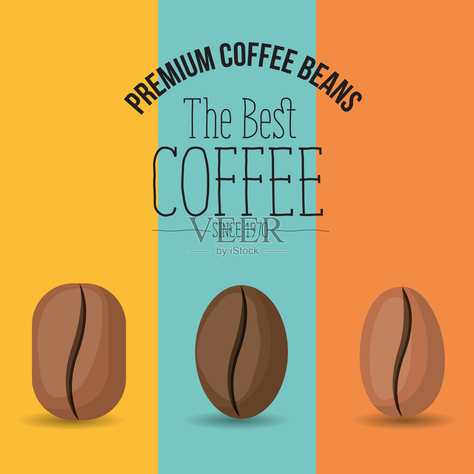 彩色海报与设置优质咖啡豆的最好的咖啡自1970年插画图片素材