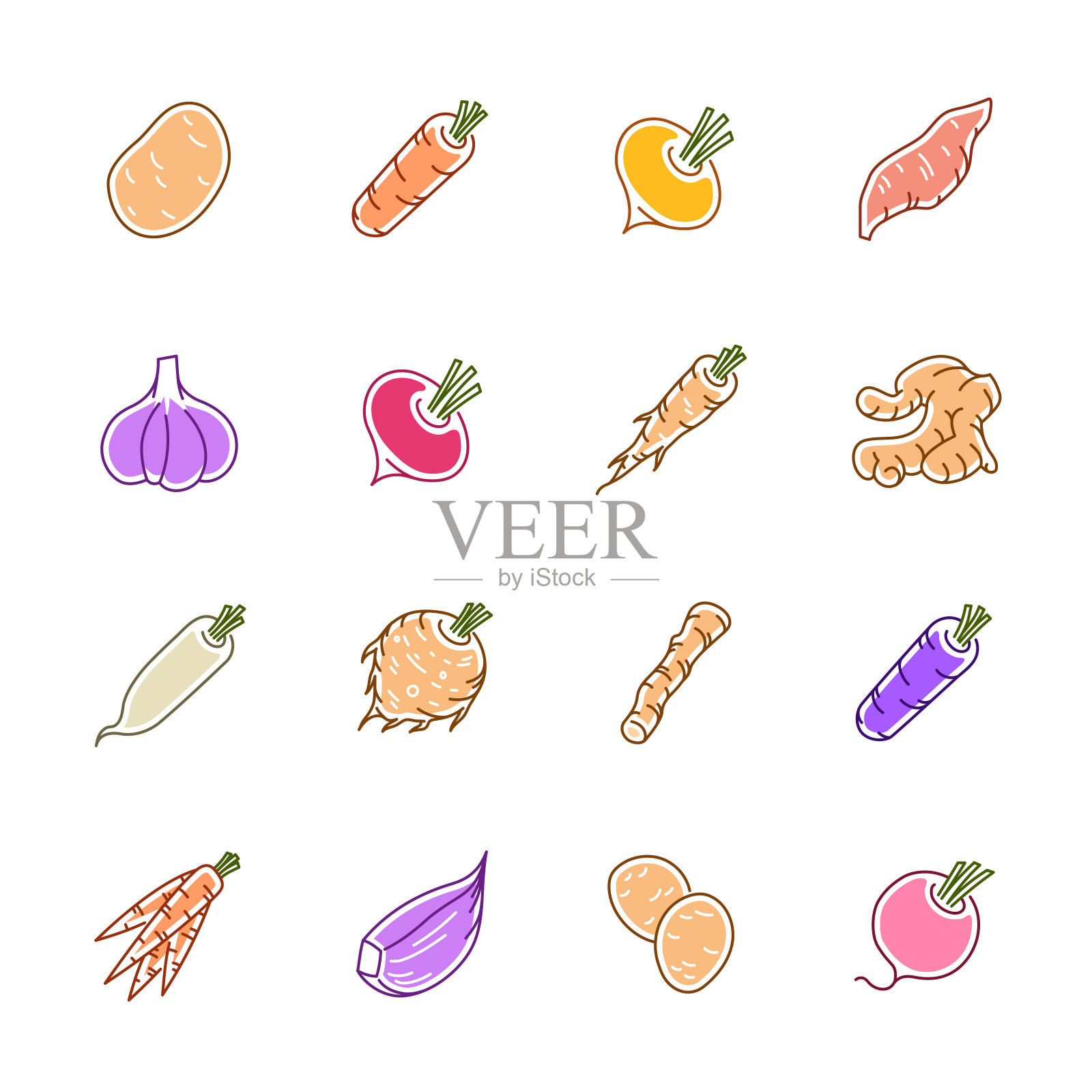 蔬菜图标-土豆，胡萝卜和大蒜插画图片素材