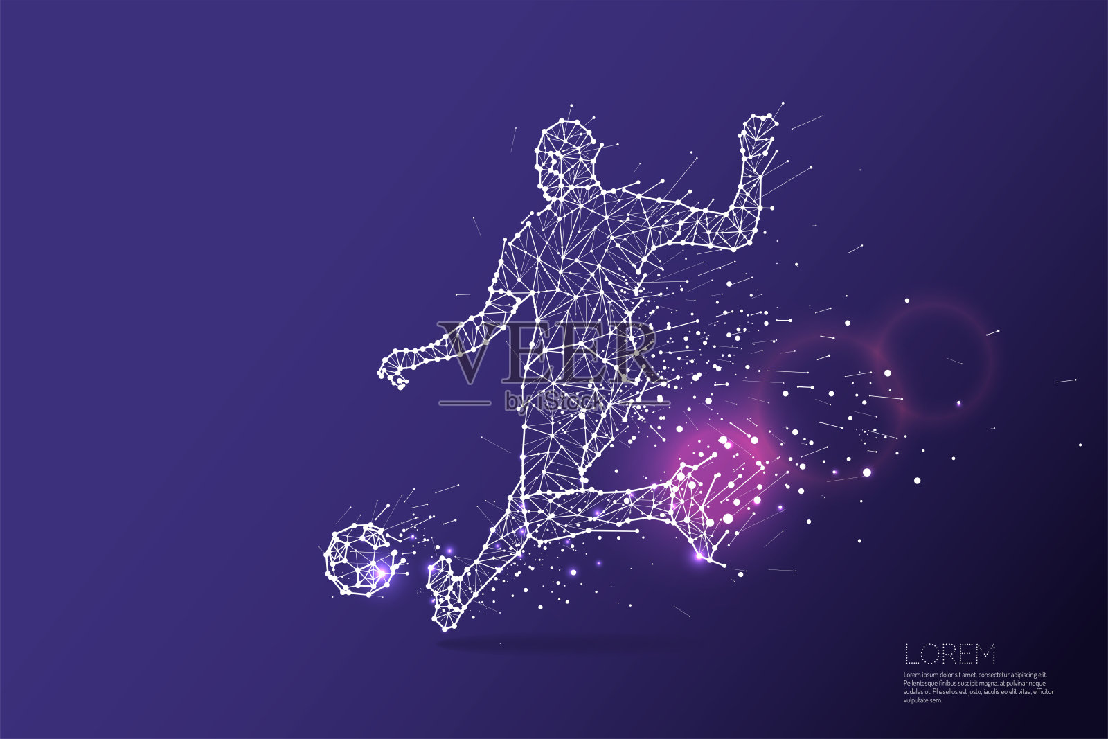 足球运动员射击的粒子，几何艺术，线和点。插画图片素材
