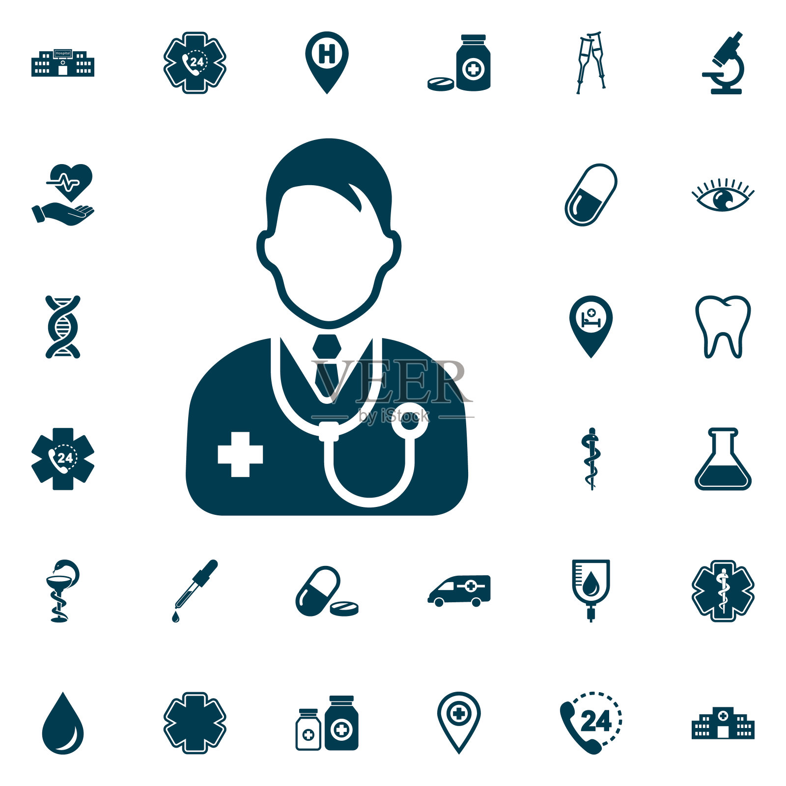 医生图标，医疗设置在白色背景。卫生保健媒介插图图标素材