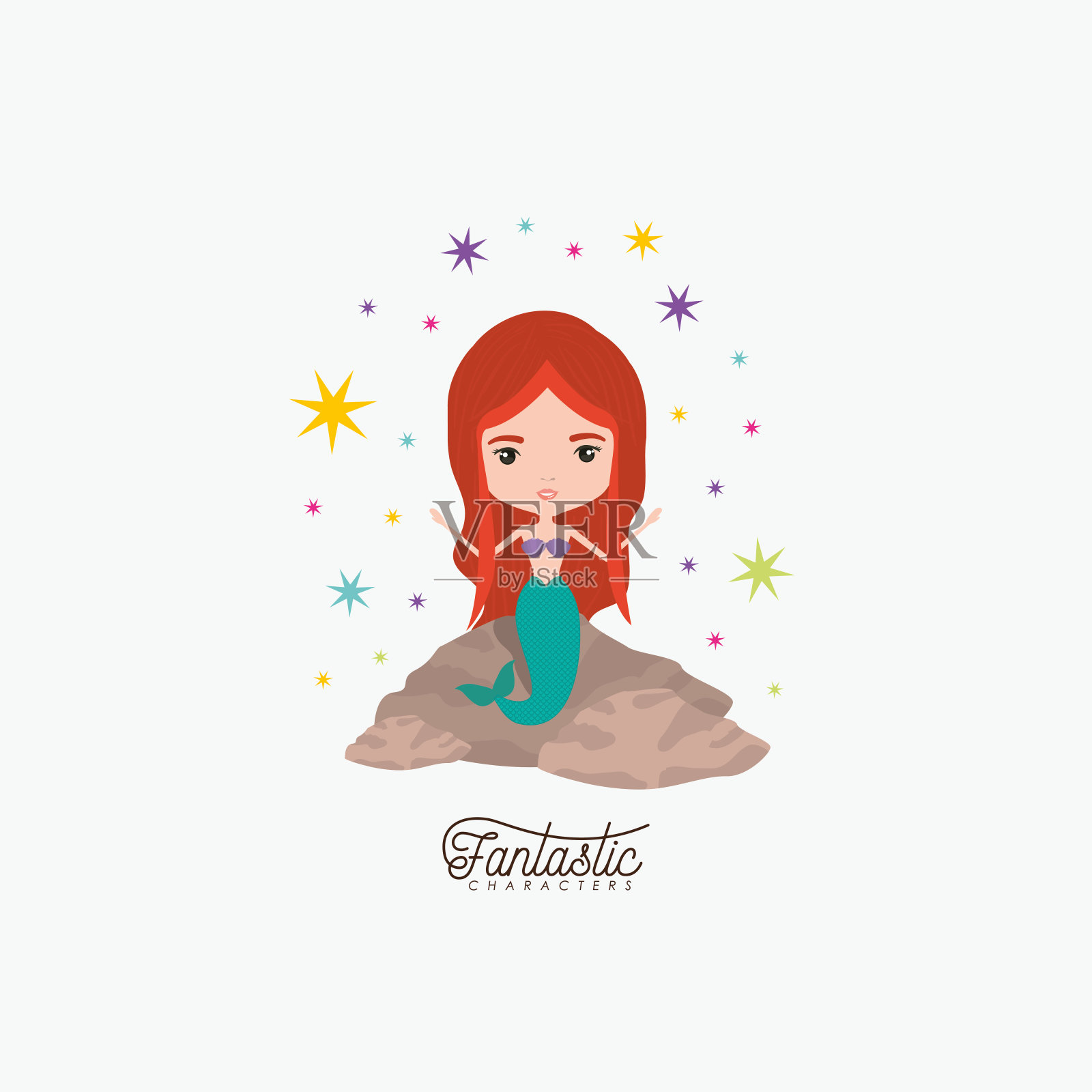 美人鱼神奇的角色在一个岩石与彩色的火花和星星在白色的背景插画图片素材