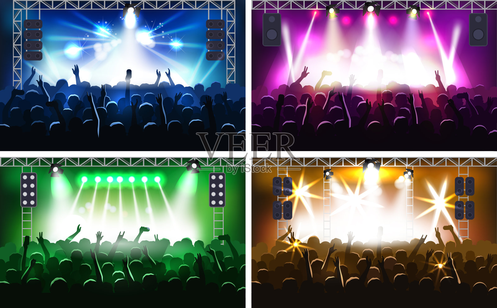 音乐节或音乐会流舞台场景与灯光fanzone矢量插图党人手剪影插画图片素材