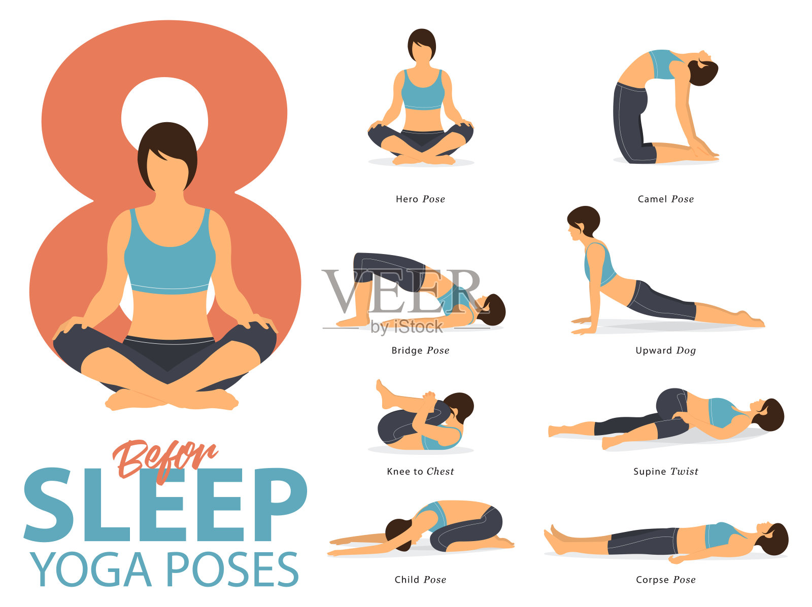 平面设计的瑜伽在睡觉前锻炼的姿势。女人在蓝色运动服和黑色瑜伽裤锻炼。向量插画图片素材