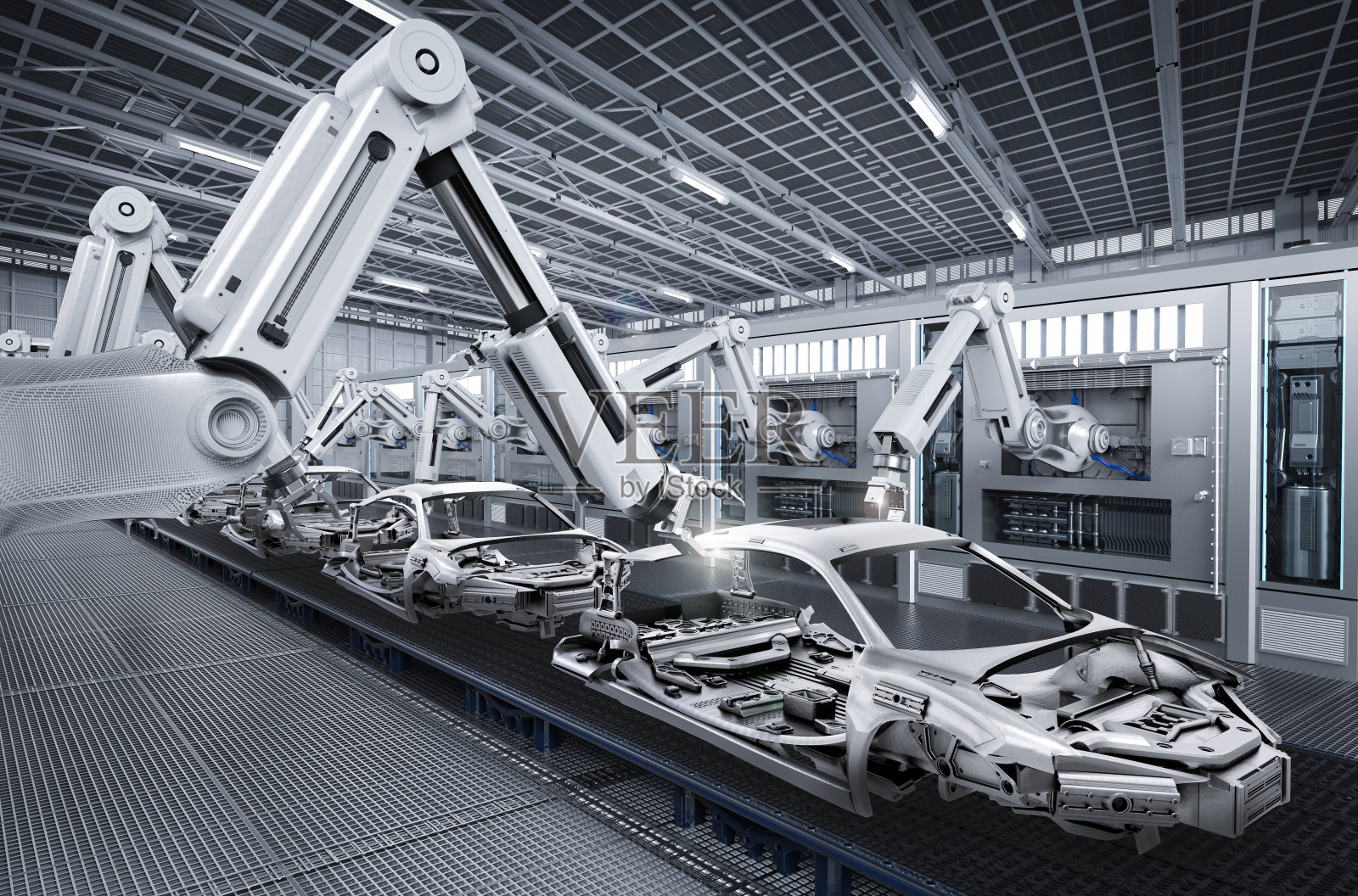 汽车工厂的机器人装配线照片摄影图片