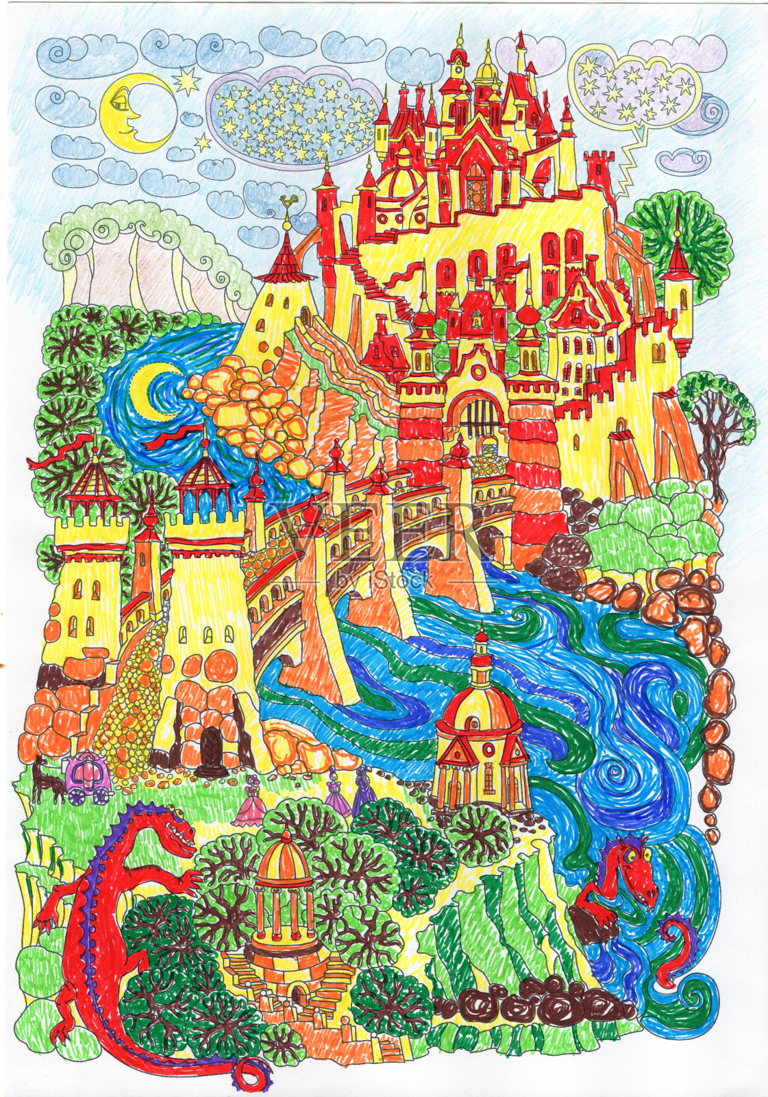 幻想的风景。山上童话般的黄色和红色城堡。奇妙的花园，蓝色的河流，石拱桥。有趣的龙，马车。t恤打印。专辑封面。用鲜艳的颜色手绘插画图片素材