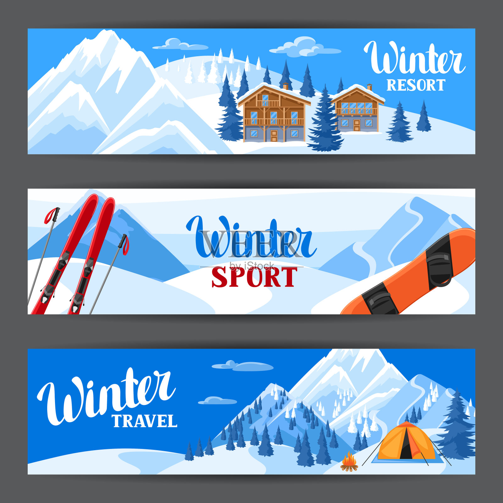 冬季滑雪胜地的横幅。美丽的风景有高山小屋，滑雪板，雪山和冷杉森林插画图片素材