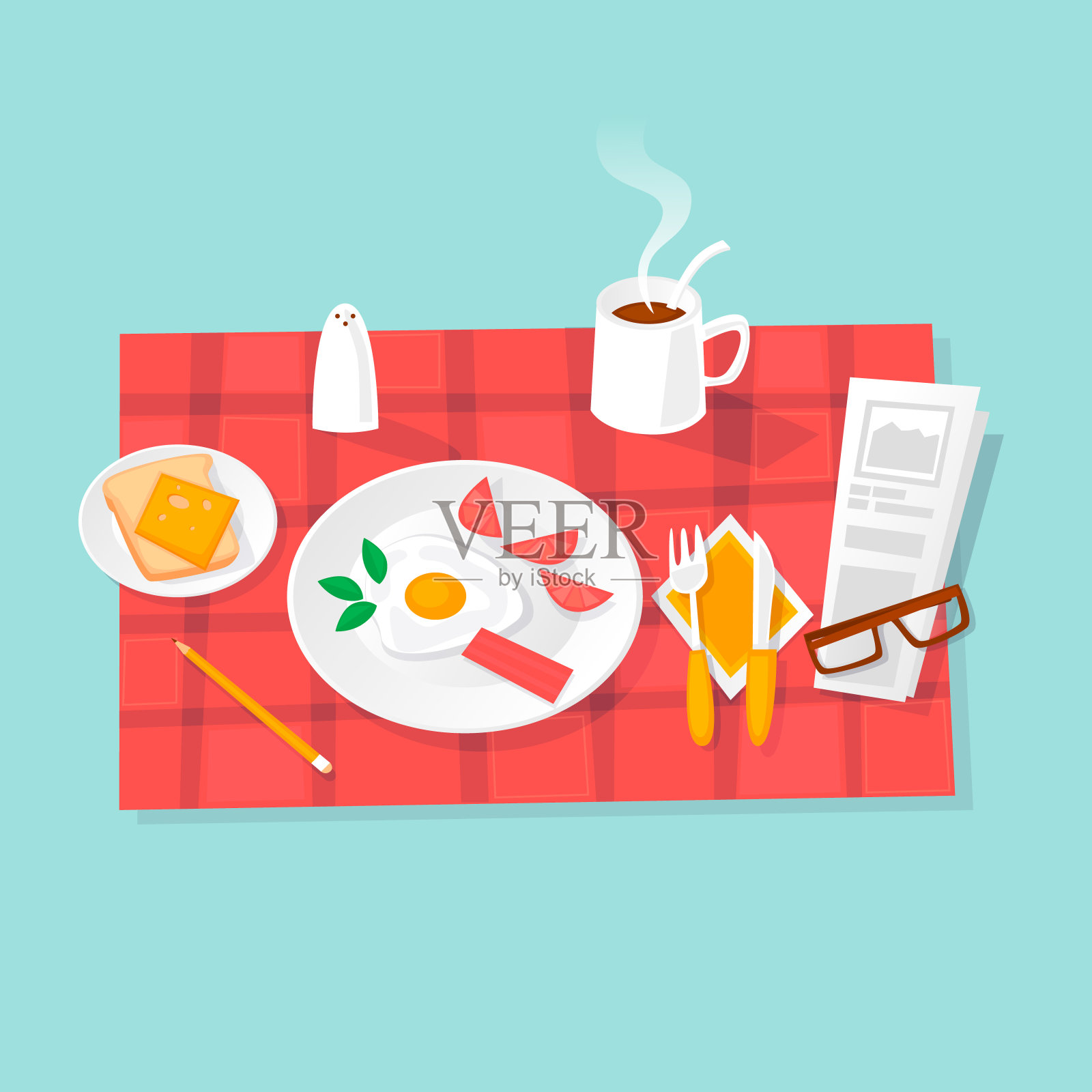 早餐。煎蛋，咖啡，盐，吐司。平面设计矢量插图。插画图片素材
