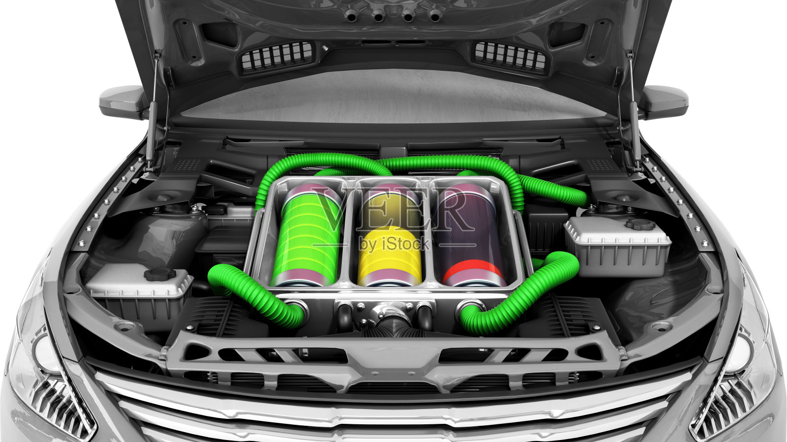 电池容量的概念电动车电池下的引擎盖3d渲染上的白色照片摄影图片