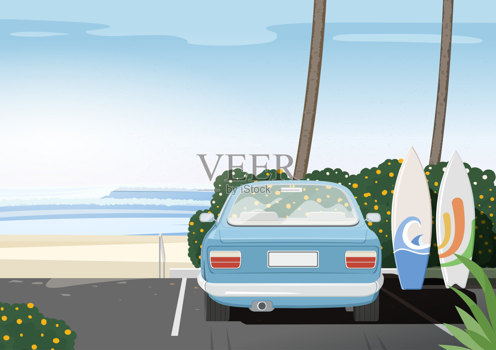 在冲浪点附近的海滩停车。两个颜色的冲浪板。插画图片素材