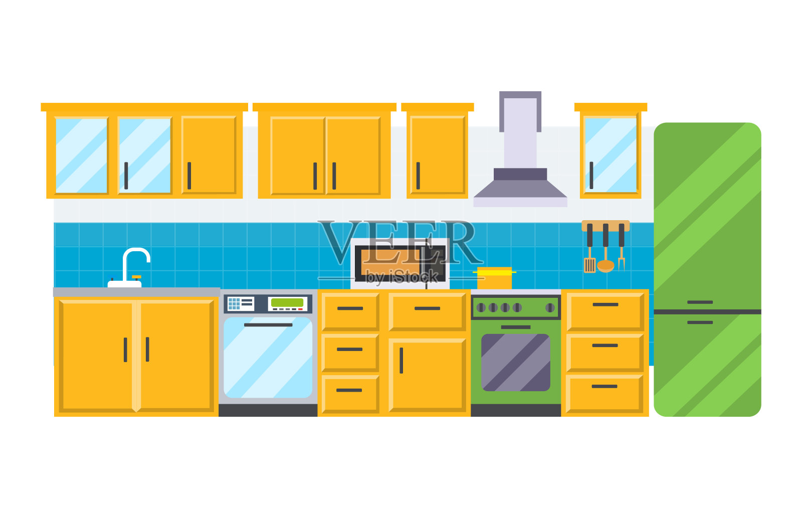 厨房内部备有家具、餐具、配件插画图片素材