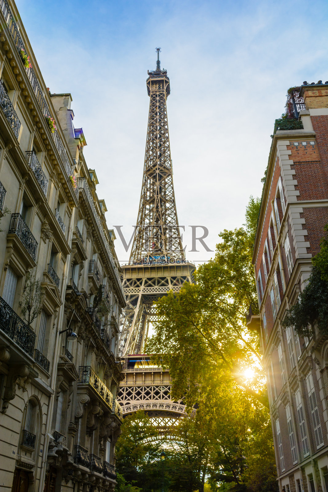 宏伟的埃菲尔铁塔在其邻近的前景与典型的巴黎建筑和夕阳透过树叶照片摄影图片