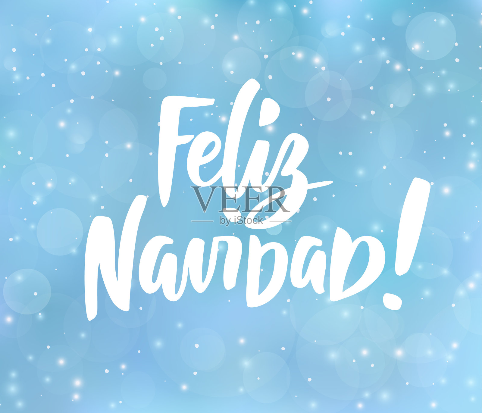 圣诞快乐-西班牙语。节日问候。蓝色模糊背景与雪花效果。设计模板素材