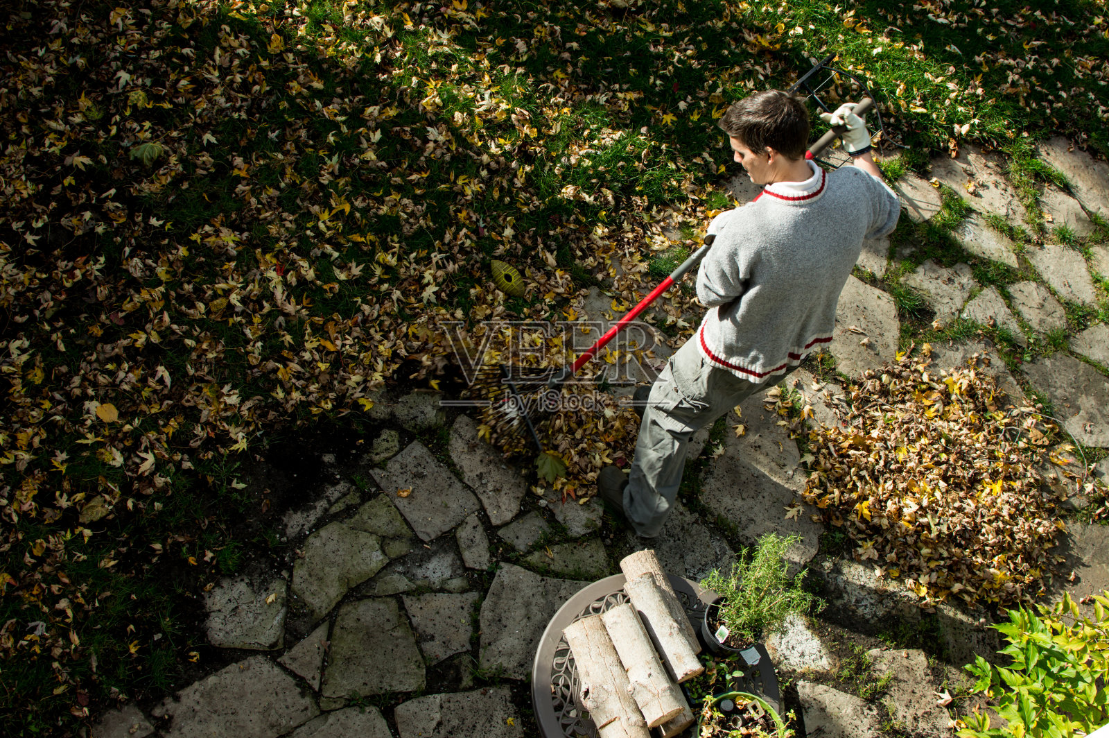 高角度的人耙秋天的叶子和堆肥在花园概念秋季家庭维护摄影与复制的空间照片摄影图片