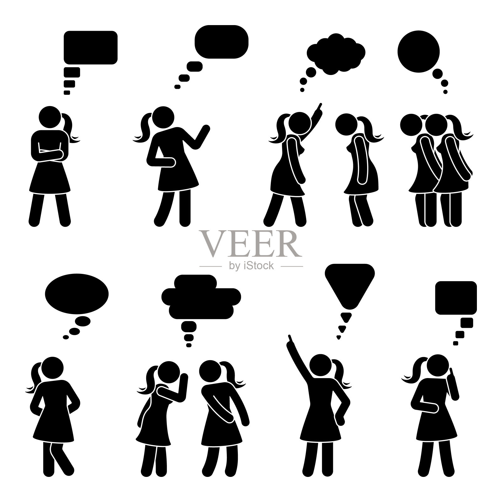 Stick figure对话speech bubbles set。说话，思考，窃窃私语身体语言女人谈话图标象形文字插画图片素材