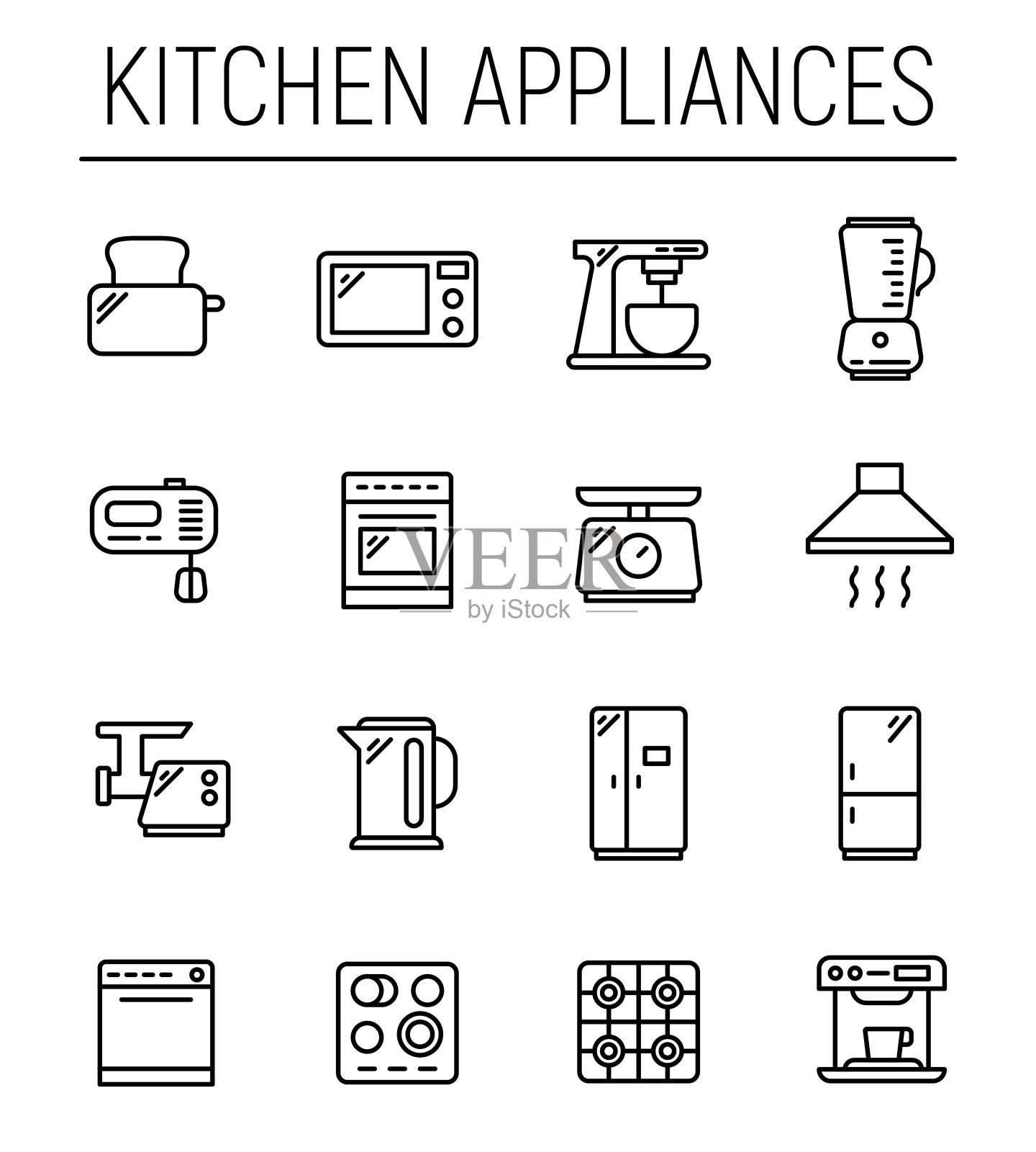 一套16个厨房电器细线图标。图标素材