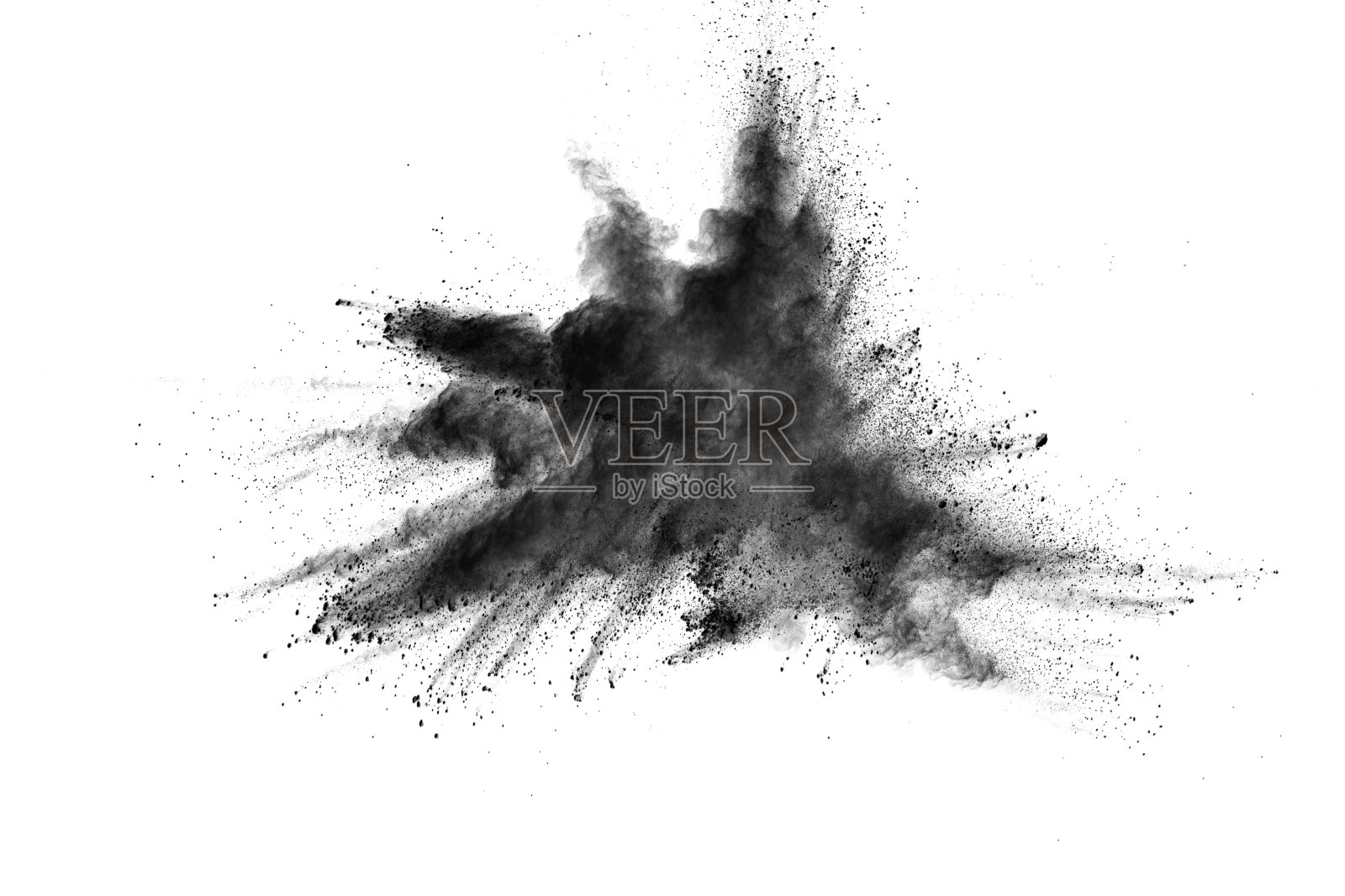 黑色尘埃粒子爆炸的特写镜头孤立在白色背景上。照片摄影图片