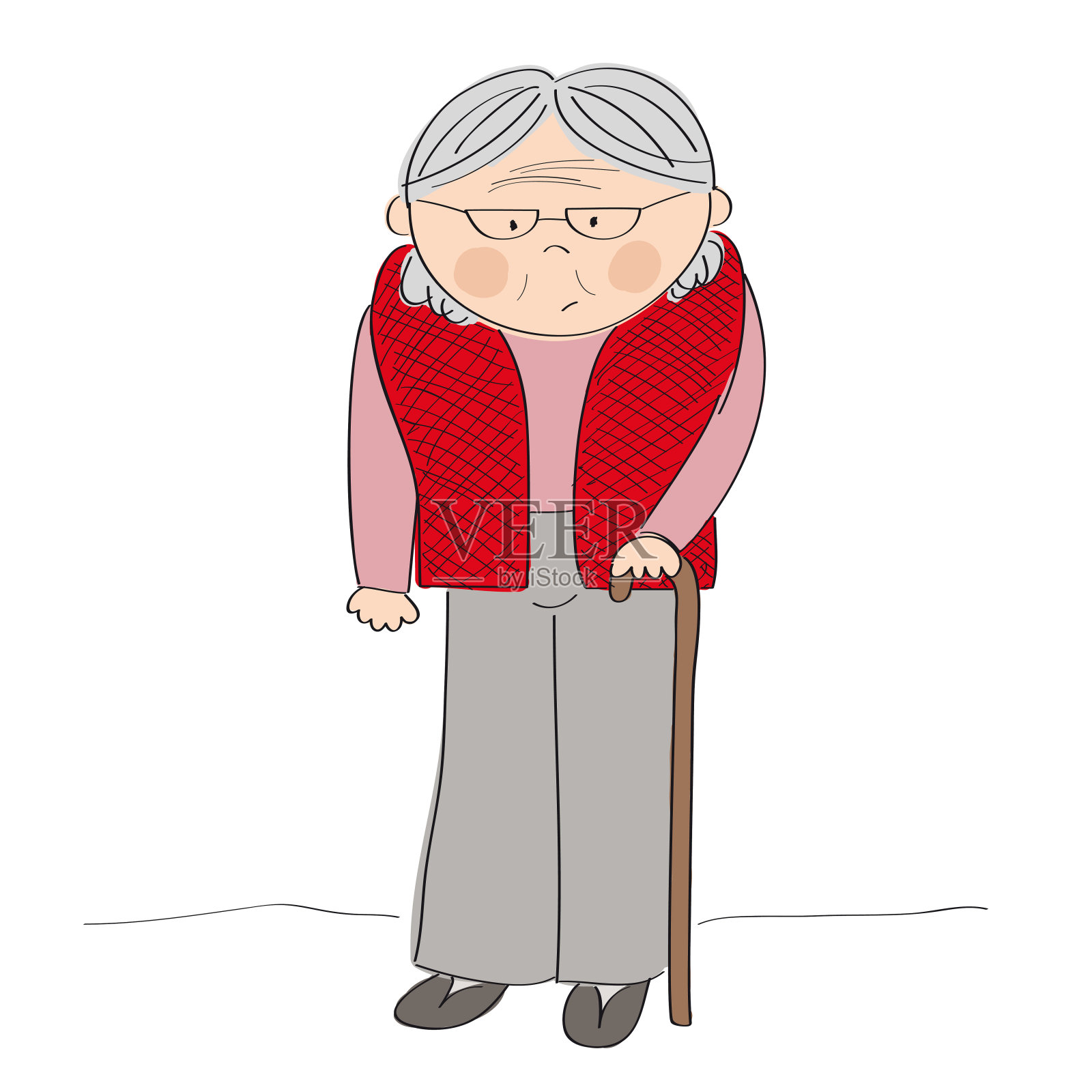 老太太或祖母与拐杖站卡通人物-原创手绘插图插画图片素材