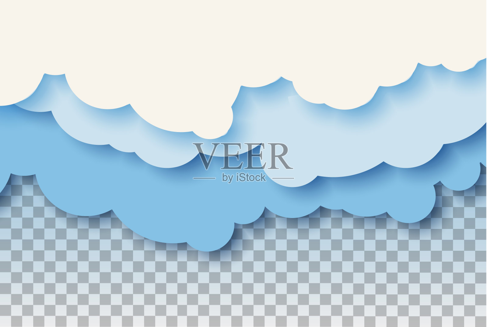 三维抽象剪纸的粉彩蓝色的天空和云彩。矢量彩色模板。插画图片素材
