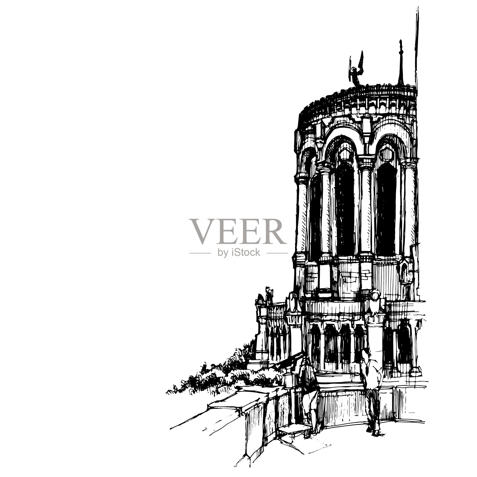 手绘长方形会堂的巴黎圣母院，小长方形会堂在里昂城市素描。矢量插图。插画图片素材