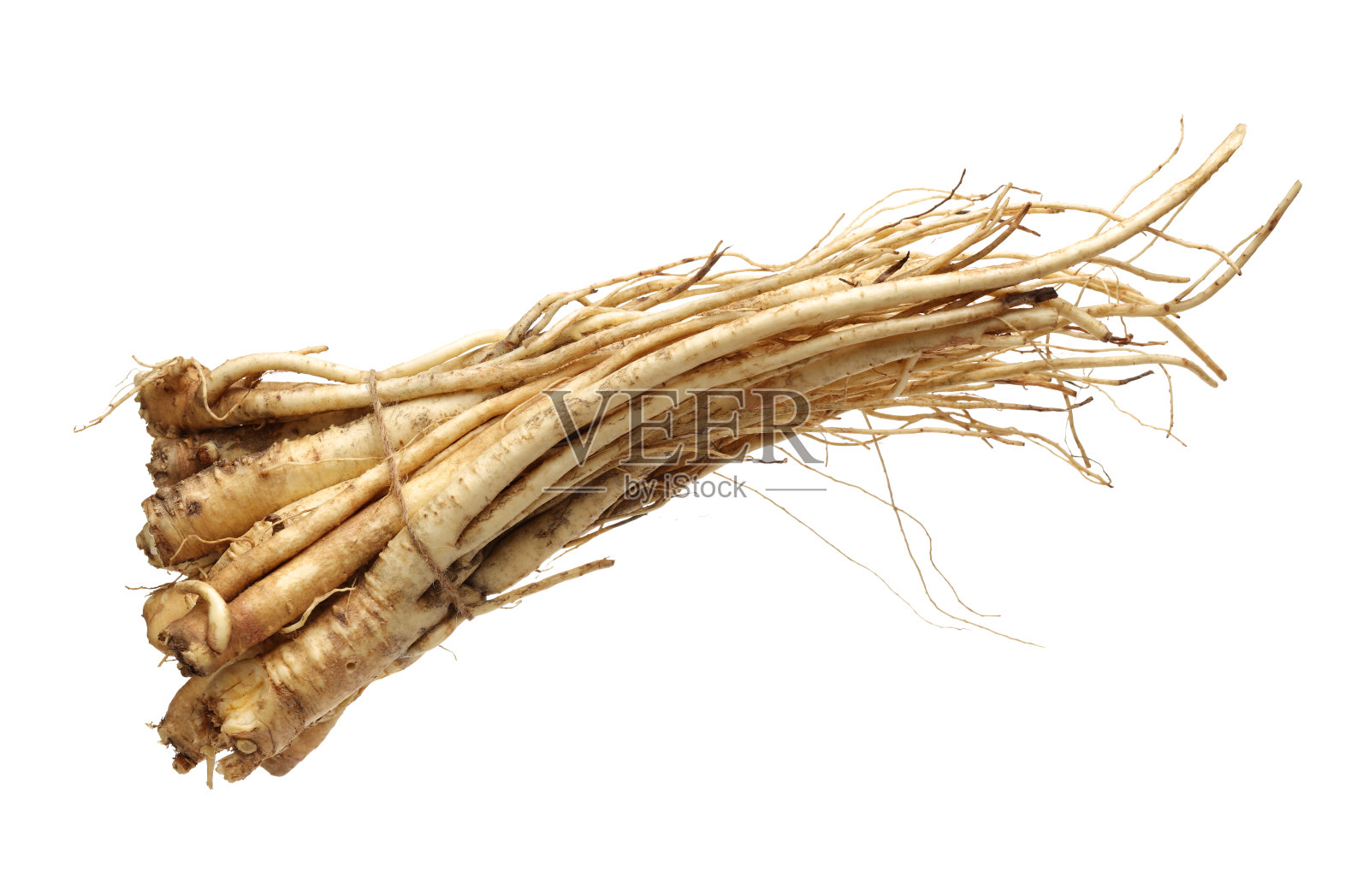 桔梗:韩国风铃花(桔梗)的根，俗称多拉戟，孤立于白色背景上。在韩国流行的蔬菜，也用于中药照片摄影图片