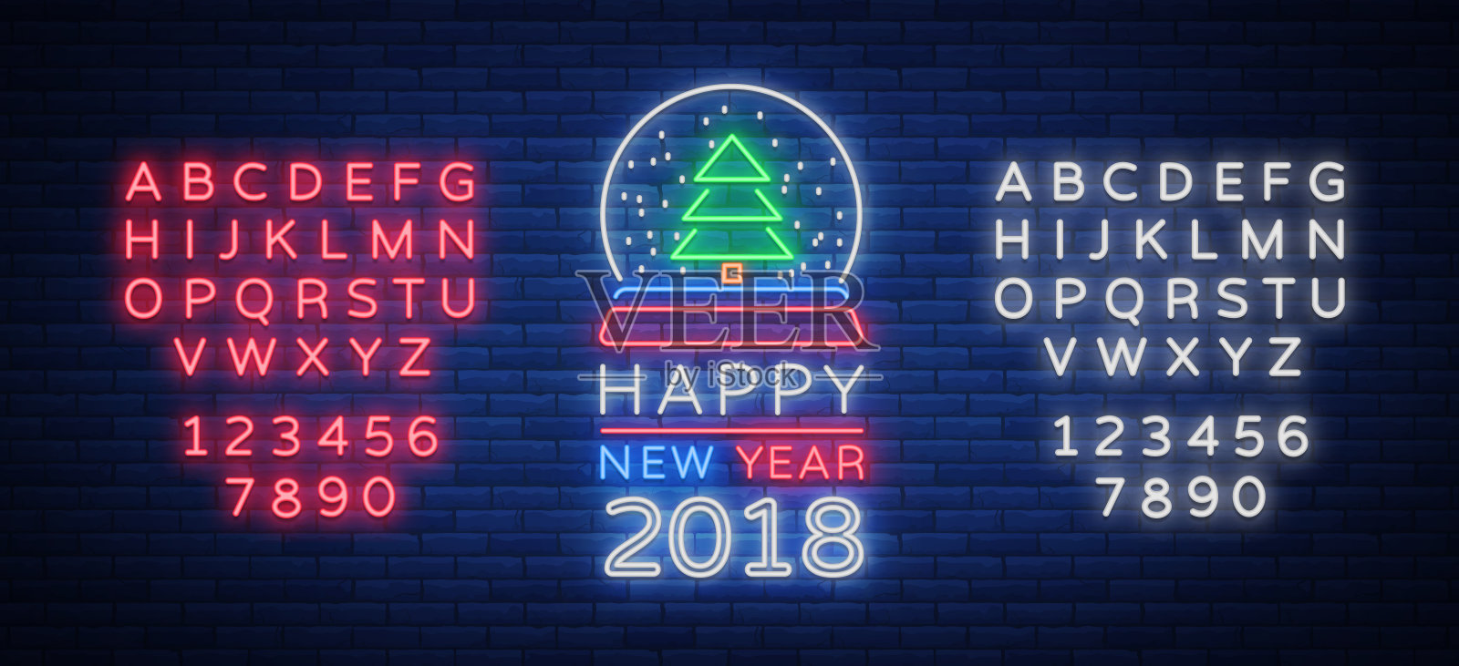 2018年新年快乐是一个霓虹灯。你的新年项目的霓虹灯，贺卡，传单，横幅。16、亮堂堂的节日招牌，发光的广告。矢量插图。编辑霓虹灯设计模板素材