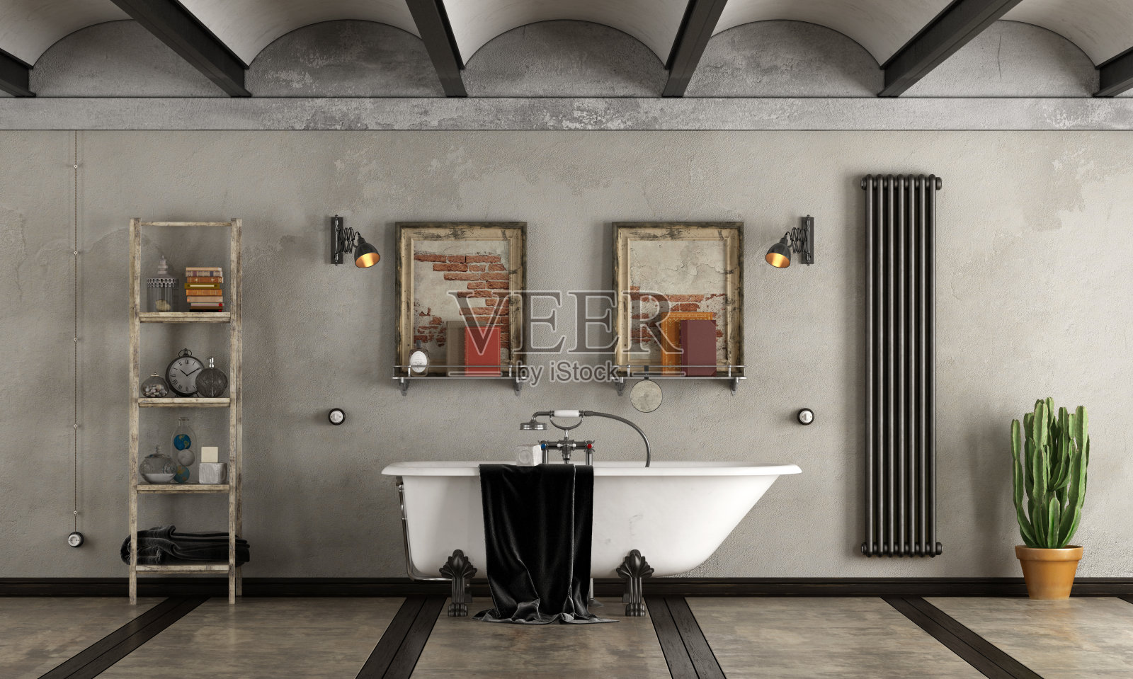 工业风格的浴室，配有浴缸照片摄影图片