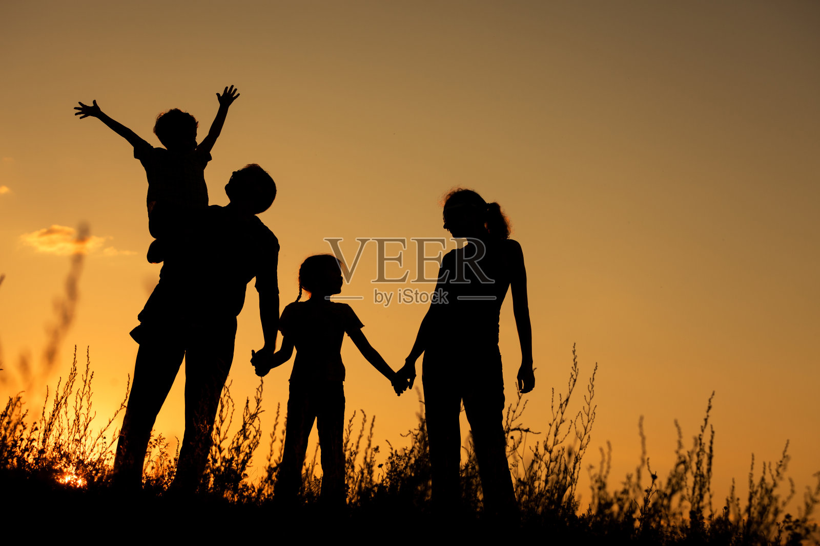 幸福的一家人站在公园里。照片摄影图片