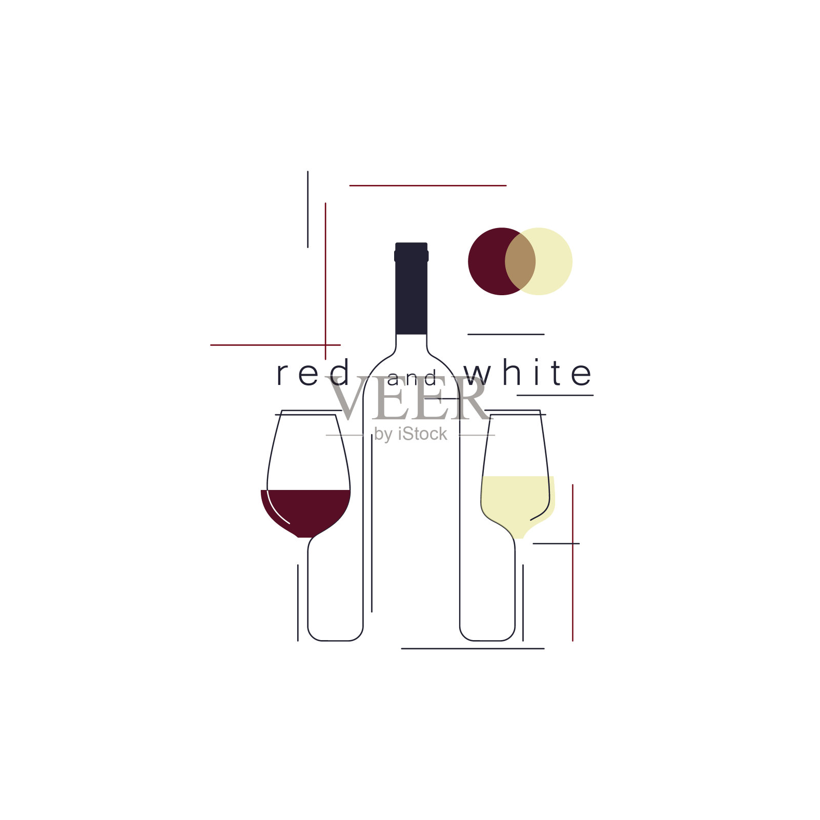 白葡萄酒和红葡萄酒。瓶子和葡萄酒杯。图标以现代线条风格为餐厅菜单、品酒、酒单、酒厂、商店。矢量插图。插画图片素材