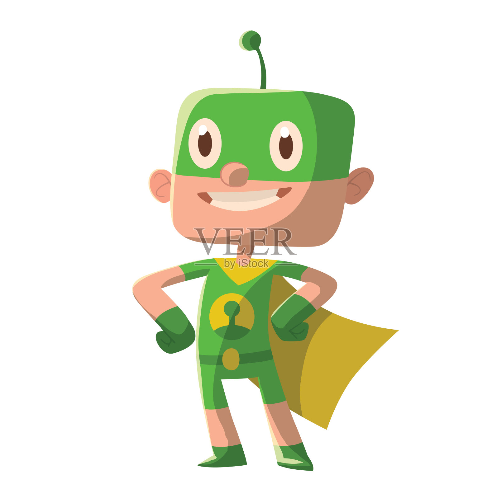 穿着绿色超级英雄服装的有趣小男孩插画图片素材