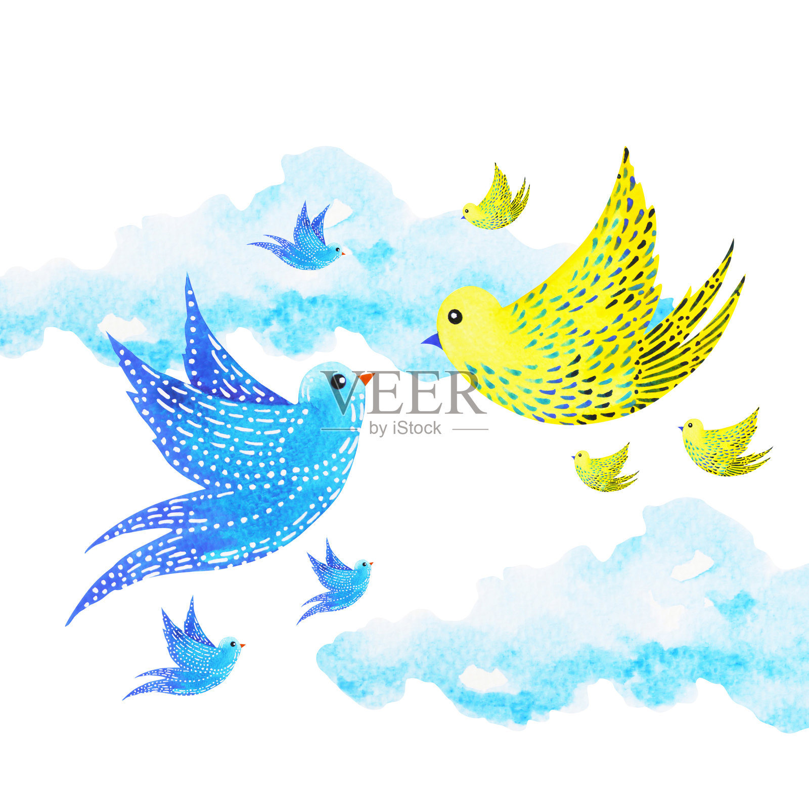 可爱的情侣恋人自由飞翔的小鸟在天空中，水彩画插画设计插画图片素材