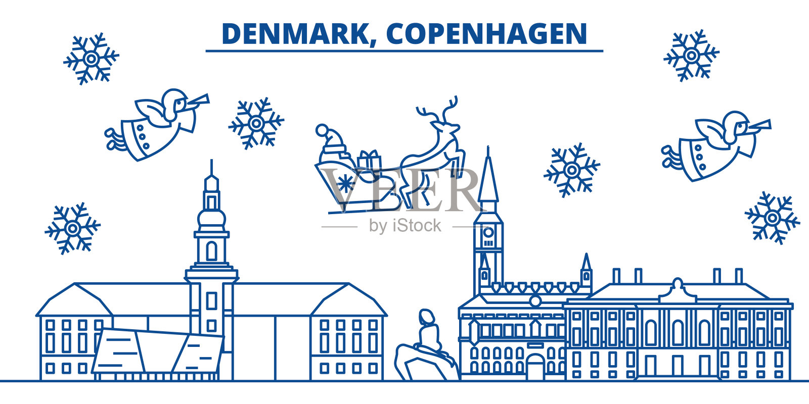 丹麦，哥本哈根冬季城市的天际线。圣诞快乐，新年快乐横幅上装饰着圣诞老人。冬季贺卡。平,轮廓向量。线形圣诞雪插画插画图片素材