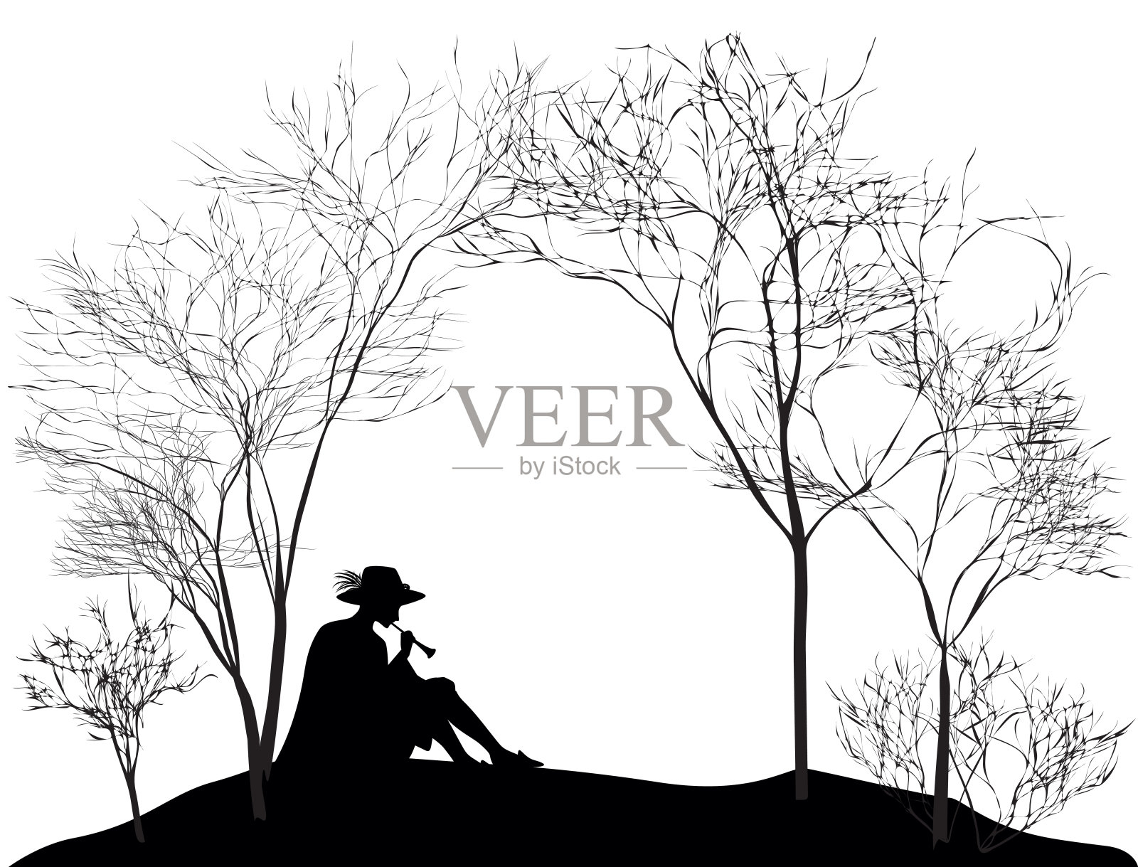 春天的旋律，男孩的剪影坐在山上的草坪上，吹着芦笛，黑白相间，插画图片素材