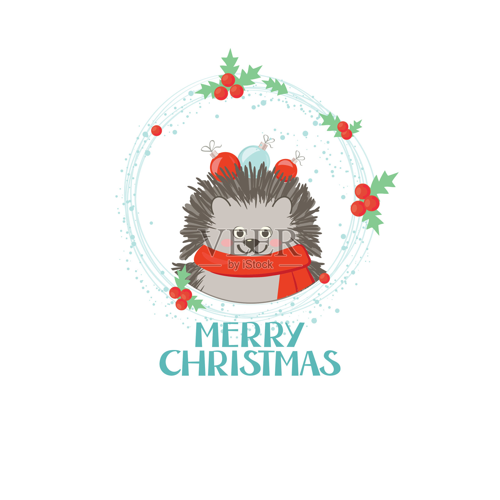 圣诞贺卡上有字母和一只小刺猬插画图片素材
