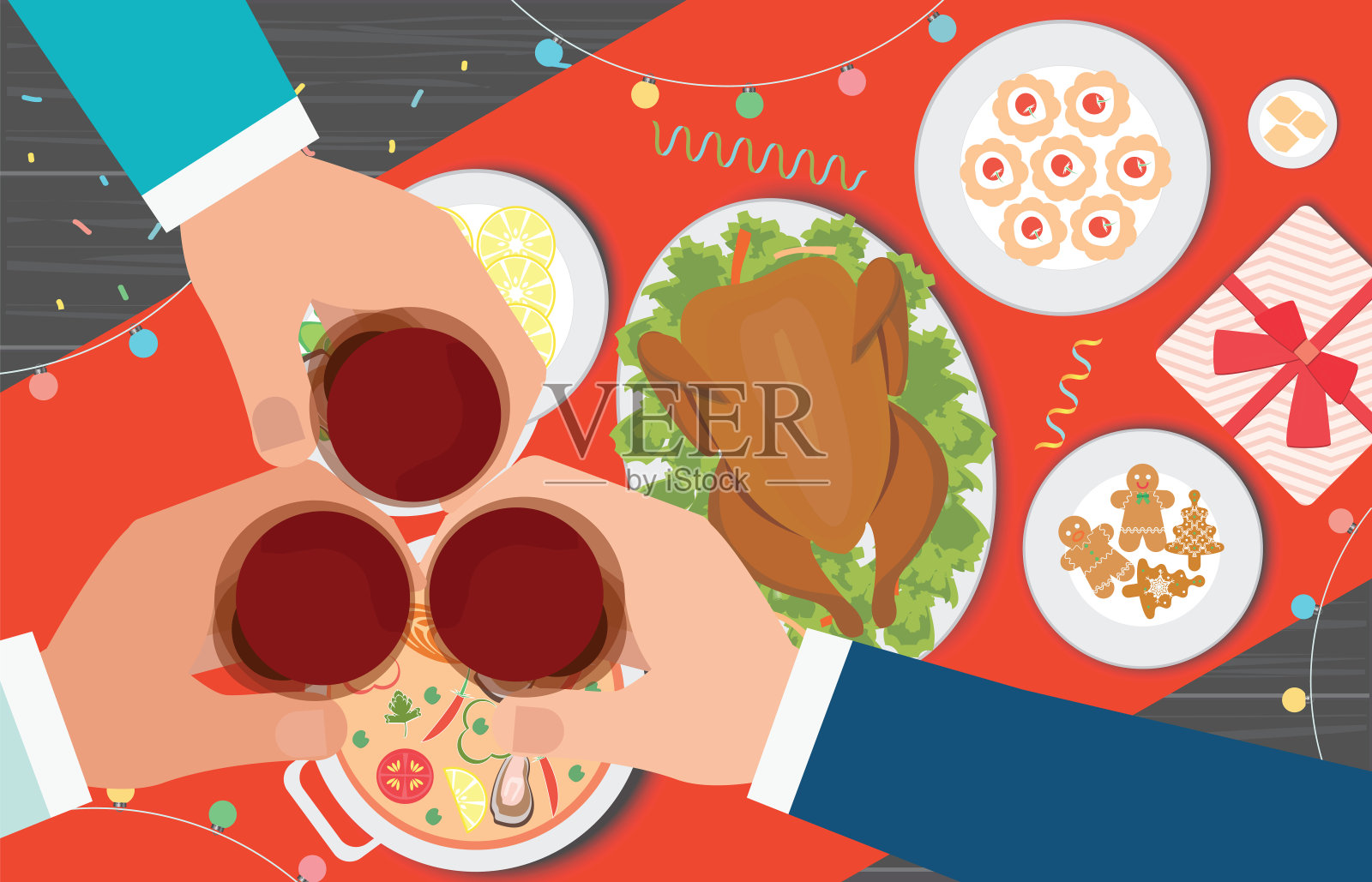 圣诞晚餐和吃美味的食物在桌子上。插画图片素材