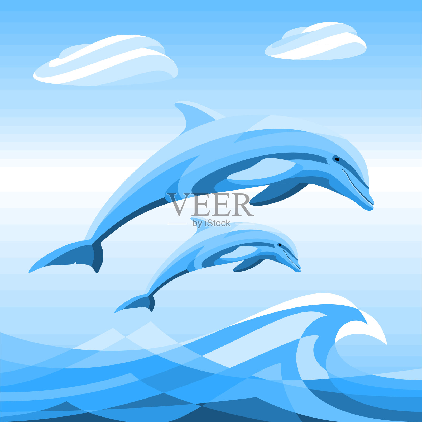 两只海豚跳出海水，穿过一个梯度背景的波浪。设计元素图片