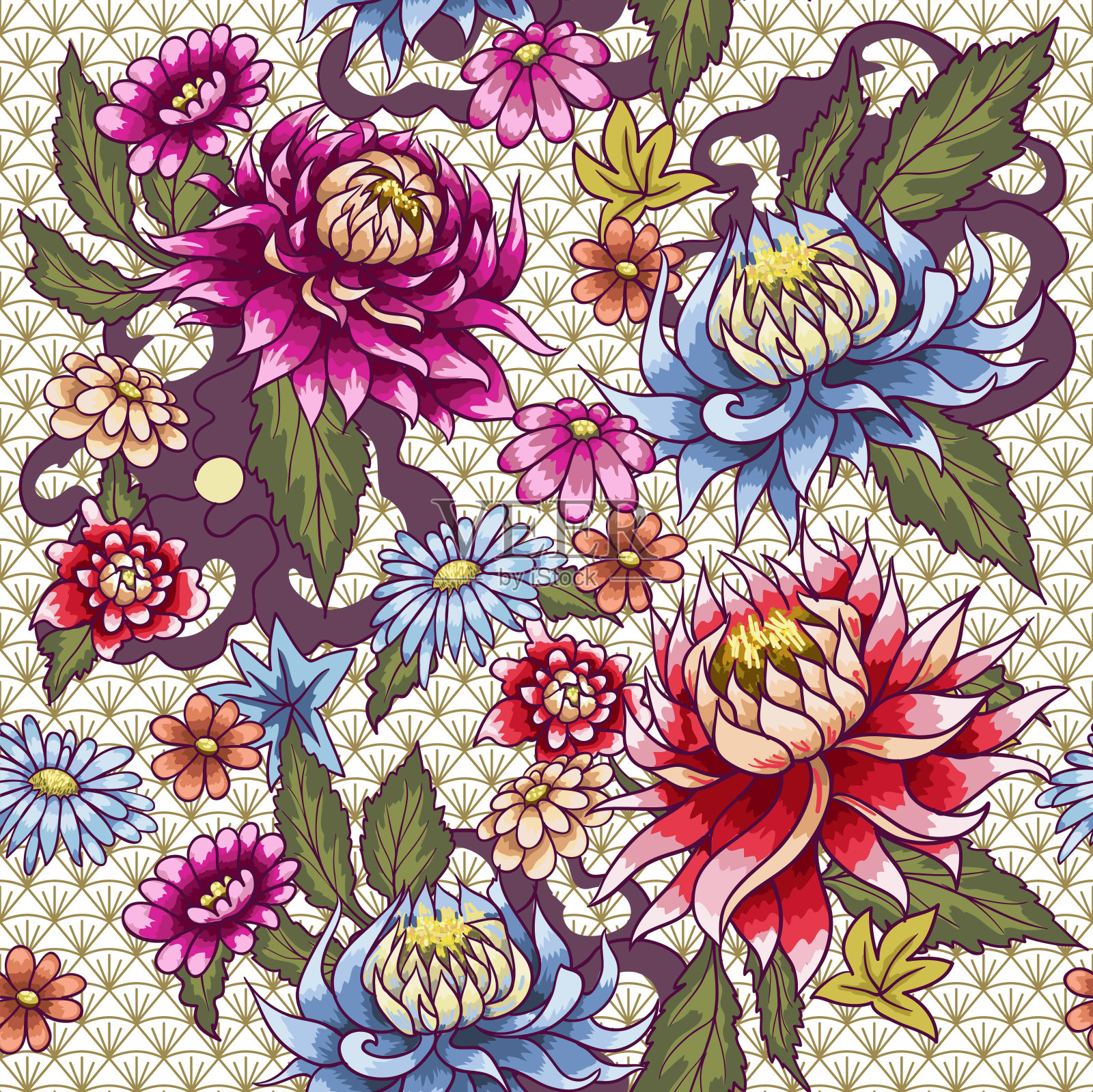 无缝图案从绘制紫菀花。日本风格。插画图片素材