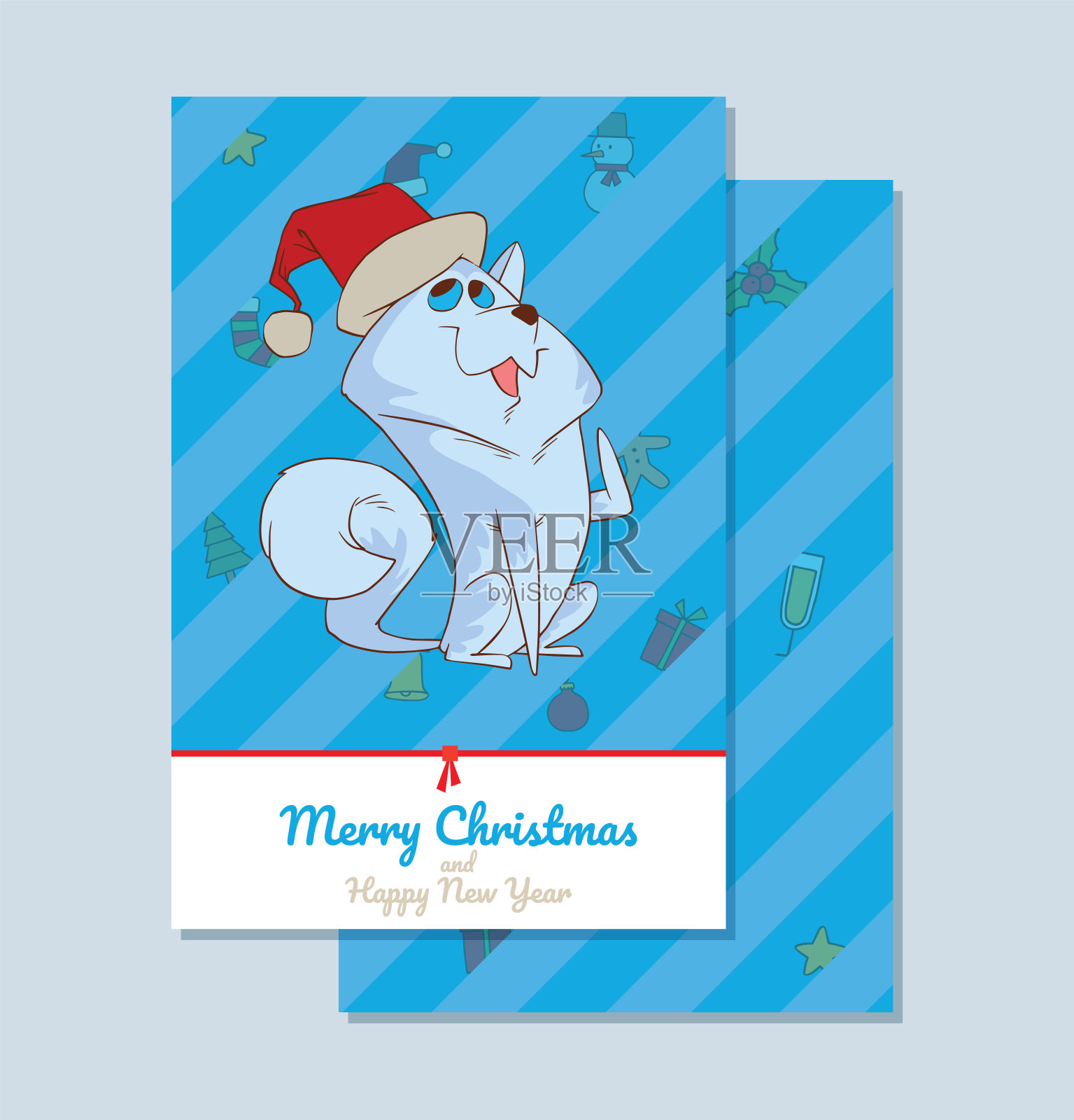 卡片“圣诞快乐”，可爱的狗戴着圣诞老人的帽子设计模板素材