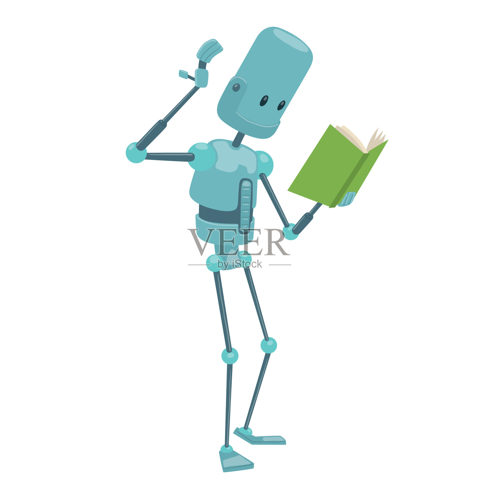 有趣的浅蓝色机器人拿着一本绿皮书插画图片素材