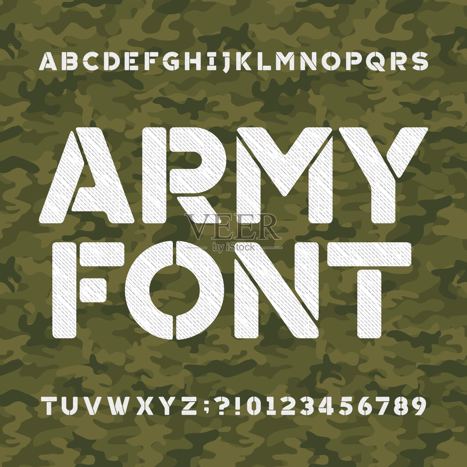 军队字母字体。无缝绿色迷彩背景。插画图片素材
